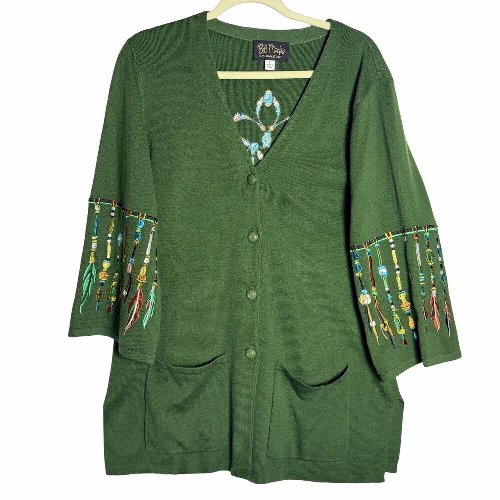 Bob Mackie Wearable Art Green Dreamcatcher Embroidered Cardigan Sweater Large